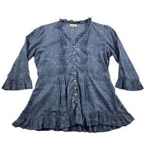 Sundance Cottage Core Blue Pleated Front Peasant Cotton Top Size XS Flared